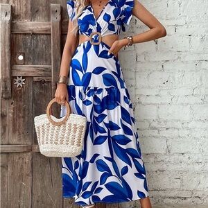 Blue Leaf Print Cutout Maxi Dress Size Large